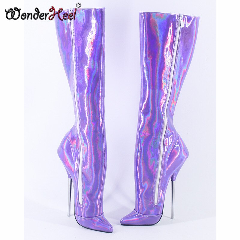 Wonderheel 2020 New Style 7" Stiletto Heel Laser Crystal  Purple Sexy Pointed Toe Knee High Boots Nightclub Women Ballet Shoes