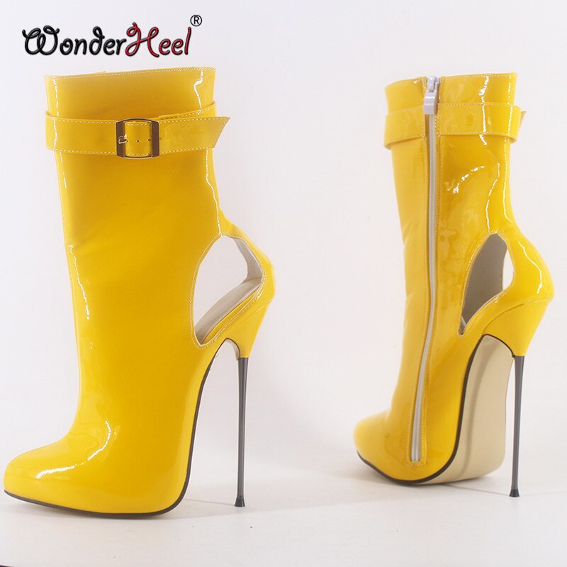 Wonderheel New 16cm stiletto heel super high heel Patent PVC Leather sexy fetish ultra thin metal heel Nightclub ankle boots