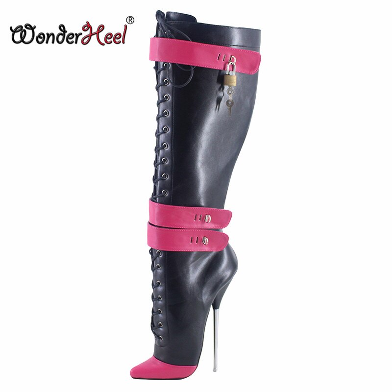 Wonderheel 2020 New 18cm Stiletto Heel Matt Leather Multi Colors Sexy Fetish Locked Padlocks Women Knee High Ballet Shoes