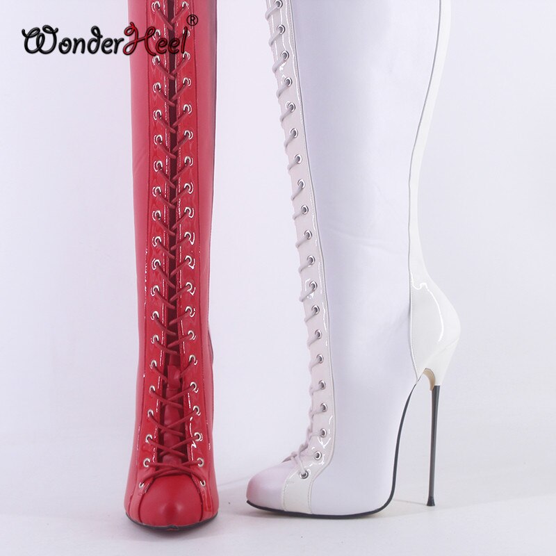 Wonderheel New 16cm Ultra Thin heel Extreme high heel Patent Matte Leather sexy Wonder Girls Nightclub Lace Up Knee High Boots