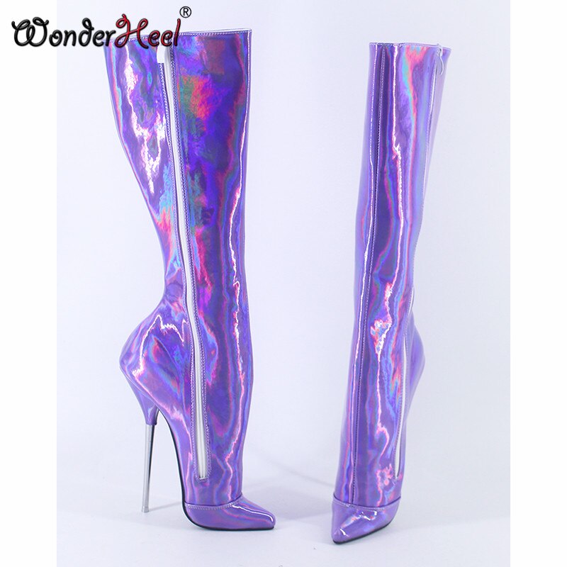 Wonderheel 2020 New Style 7" Stiletto Heel Laser Crystal  Purple Sexy Pointed Toe Knee High Boots Nightclub Women Ballet Shoes