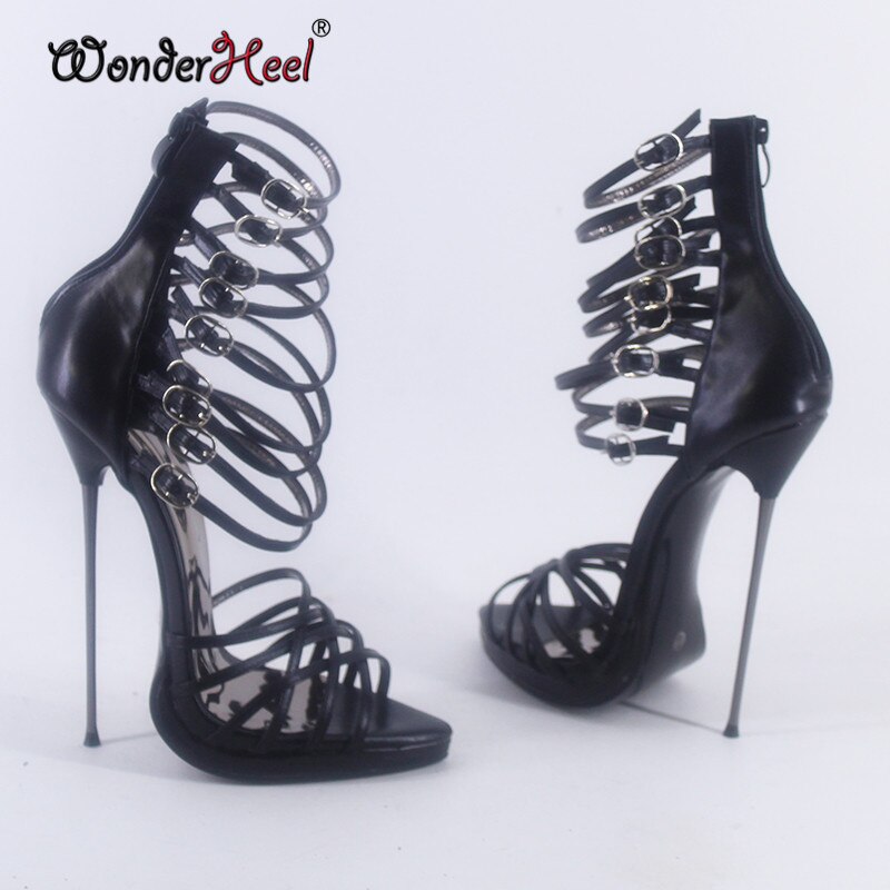 Wonderheel Summer Platform Thin Metal Heel 16cm Stiletto Heel Sexy Pointed Toe Nightclub Buckles Straps Fetish High Heel Sandals