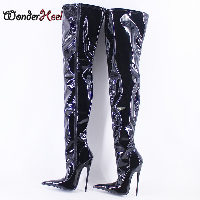 Wonderheel 2021 High Heel Appr.18cm Stiletto Heel Extreme Pointed Toe Patent Leather Over Knee Boots Nightclub Sexy Crotch Boots