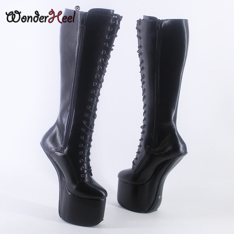 Wonderheel New 22cm Hoof Heels Matte Leather Sexy Fetish Cosplay With Platform Knee High Boots Lace Up Heelless Horse Shoes