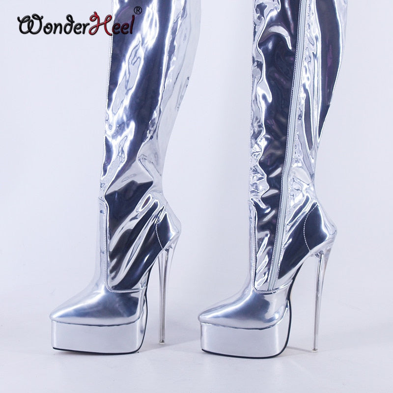 Wonderheel 2021 New 20cm Clear Heel Fetish High Heel Minor Leather Sexy Platform Over Knee Cosplay Boots Nightclub Crotch Boots