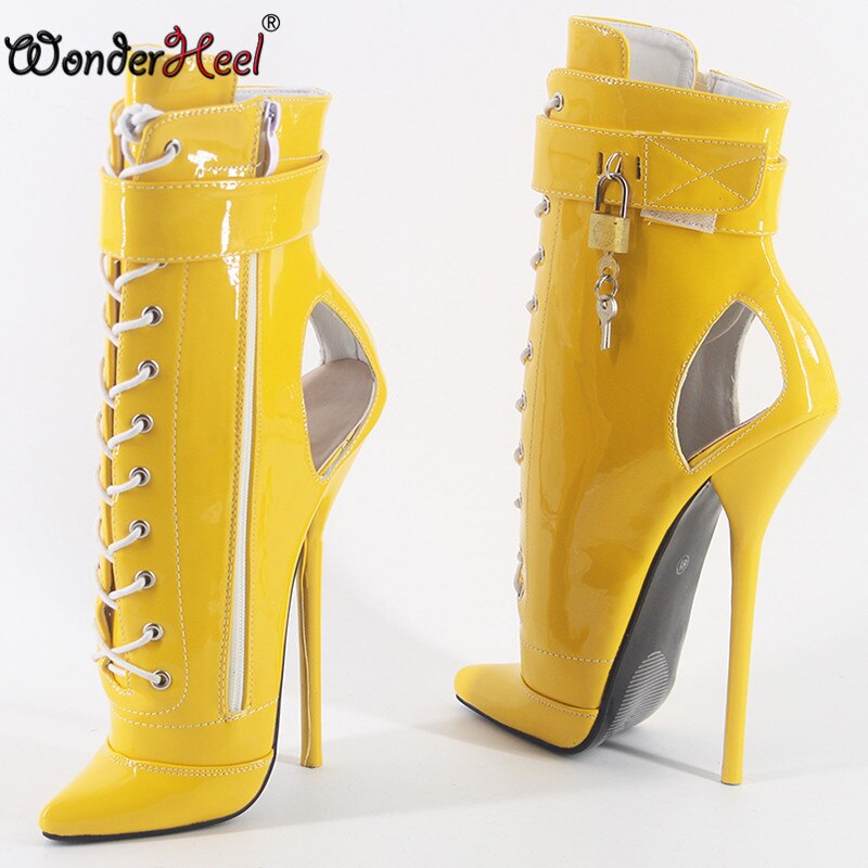 Wonderheel  New Style 7" Thin Heel Patent Leather Sexy Fetish Ballet Ankle Boots PVC Locked Padlocks Women Ballet Shoes