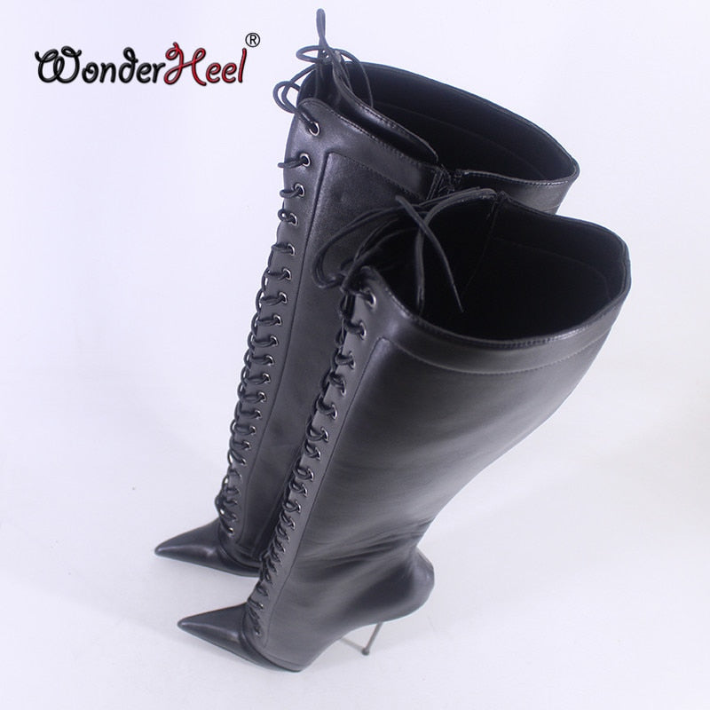 Wonderheel 2021 New 16cm Ultra Thin heel Sexy Fetish high heel Matte Leather Pointed Toe Front Lacing Nightclub Knee High Boots