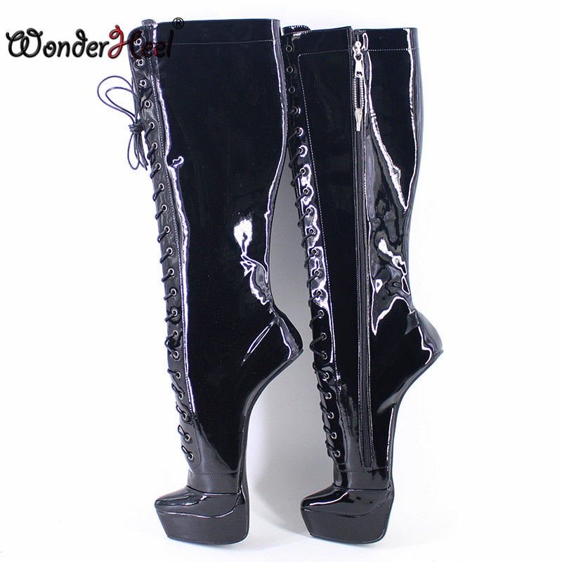 Wonderheel 2021 New 8" Hoof Heels Black Shiny Sexy Fetish Platform Knee High Cosplay Boots Locked Zipper Horseshoes Shoes