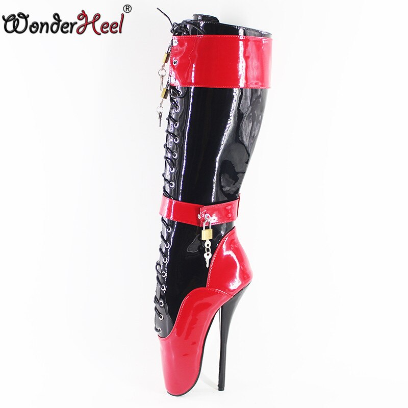 Wonderheel ultra high heel 18cm stilleto heel black and red patent women knee high padlocks ballet boots fetish fashion shoes