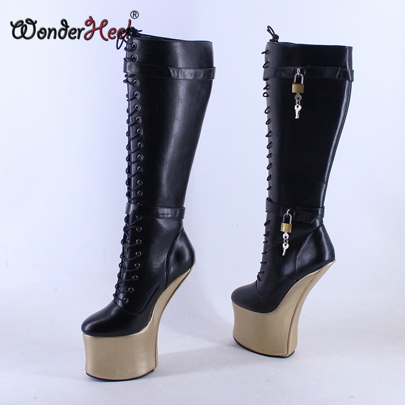 Wonderheel 20cm Hoof Heels Matte Leather Sexy Cosplay Platform Knee High Boots Multi-color Locked Padlock Heelless Horse Shoes