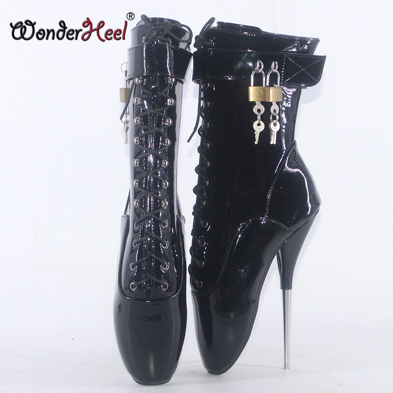 Wonderheel 2021 Ultra High Heel 18cm Metal heel Sexy Fetish Lockable Padlocks Super girl Nightclub Training Ankle Ballet Boots