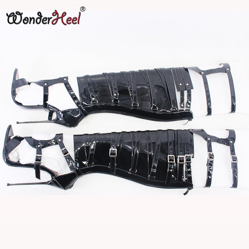 Wonderheel New 16cm Ultra Thin Metal heel Extreme high heel Patent Leather sexy Wonder Girls Nightclub Hollow Over knee Boots