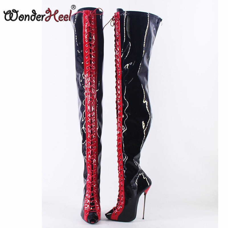 Wonderheel New 16cm Ultra Thin Metal heel Peep Toe Multi-color sexy Over Knee Boots Super Girls Nightclub Lace Up Crotch Boots