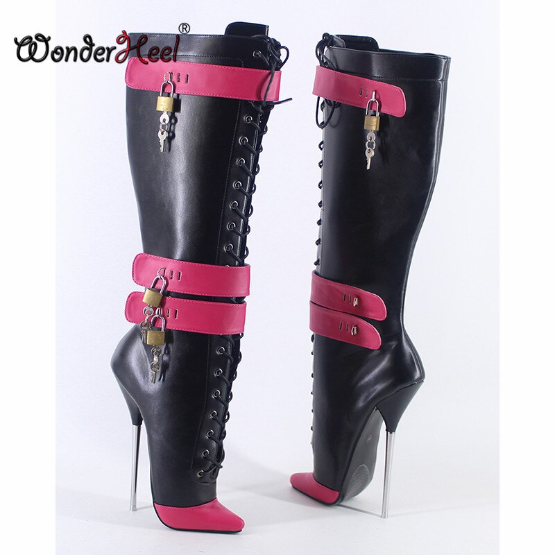 Wonderheel 2020 New 18cm Stiletto Heel Matt Leather Multi Colors Sexy Fetish Locked Padlocks Women Knee High Ballet Shoes