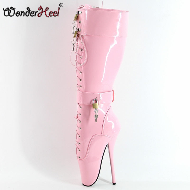 Wonderheel Ultra High Heel 18cm Stiletto Heel Black Lockable Padlocks Knee High Ballet Boots Sexy Fetish Women Fashion Shoes