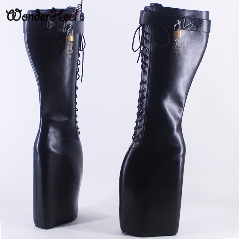 Wonderheel High Heel 23cm Wedges Heel Platform Fetish Lockable Padlocks Matte Leather Super Girl Fashion Knee High Boots