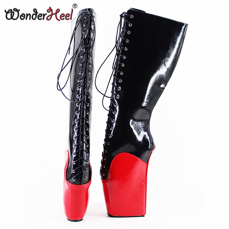 Wonderheel new ballet boots 20cm strange heel patent leather fashion sexy fetish lace up knee high ballet boots