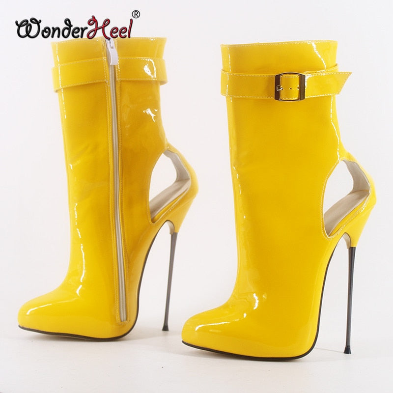 Wonderheel New 16cm stiletto heel super high heel Patent PVC Leather sexy fetish ultra thin metal heel Nightclub ankle boots