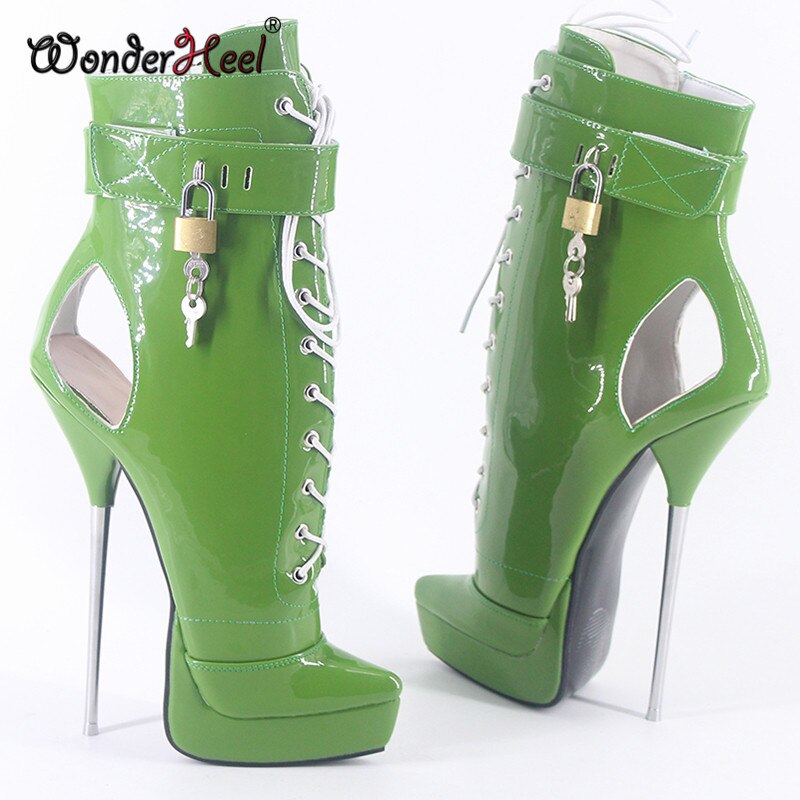 Wonderheel 2020 New 8" Stiletto Heel Patent Leather Sexy Fetish Platform Ankle Ballet Boots PVC Lock Padlocks Women Ballet Shoes