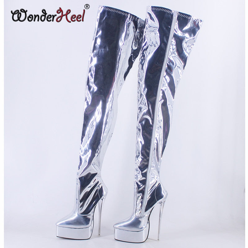 Wonderheel 2021 New 20cm Clear Heel Fetish High Heel Minor Leather Sexy Platform Over Knee Cosplay Boots Nightclub Crotch Boots