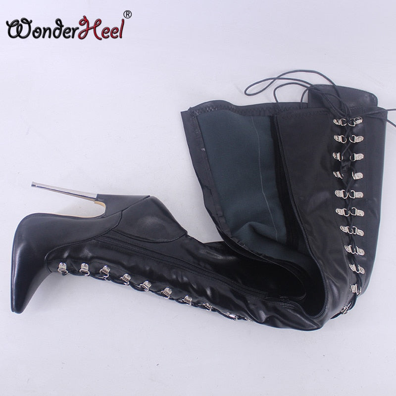 Wonderheel Ultra High Heel Appr.18cm Stiletto Heel Pointed Toe Matte Leather Front Lacing Sexy Nightclub Over Knee Boots Boots