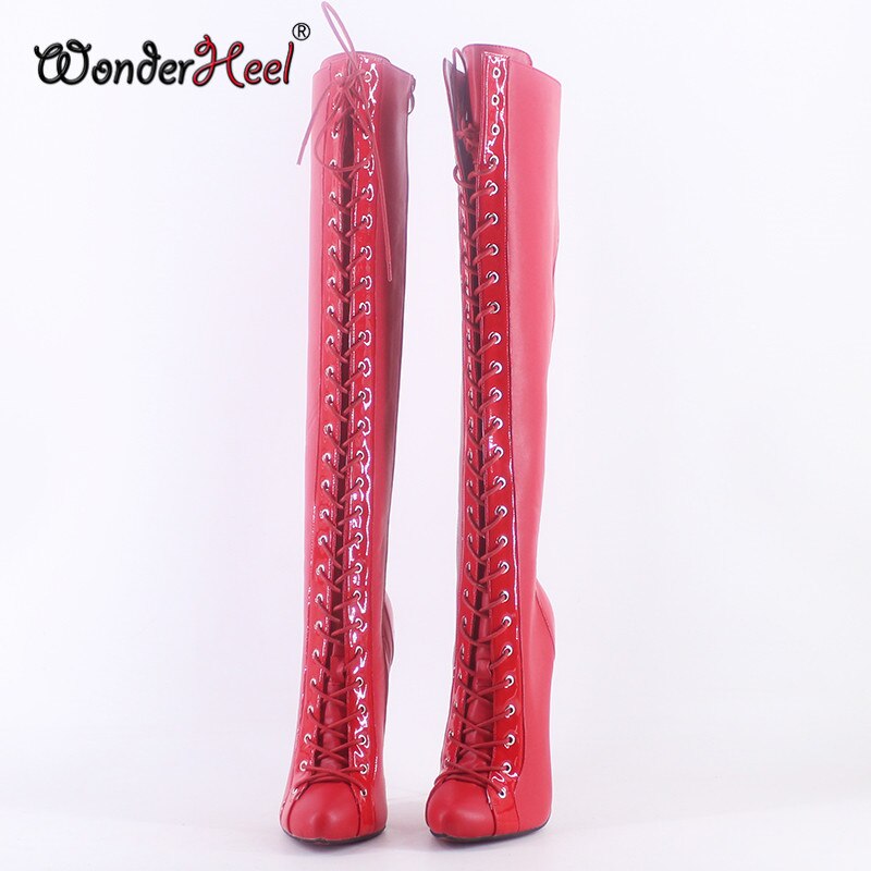 Wonderheel New 16cm Ultra Thin heel Extreme high heel Patent Matte Leather sexy Wonder Girls Nightclub Lace Up Knee High Boots