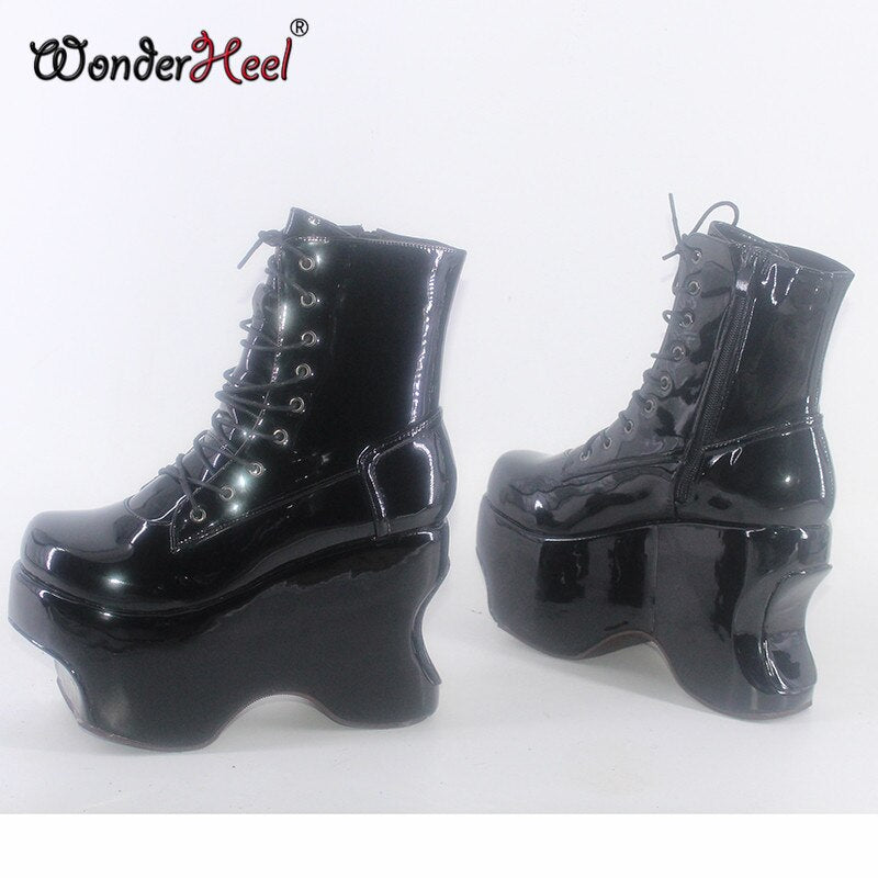 Wonderheel 2021 New Summer 12cm Height increasing Heels Punk Platform Japanese Modern Lacing Up Cosplay Women Ankle Boots