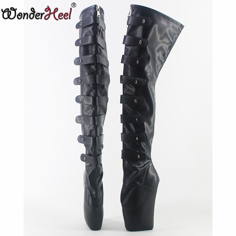 Wonderheel Locked zipper high heel 7" heel Matt leather ballet thigh high boots sexy buckle straps lock padlocks over knee boots