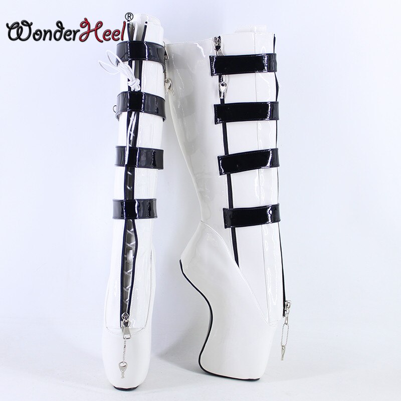 Wonderheel New Ballet Boots 18cm Curved Heel Women Modern Shoes Locked Padlocks Sexy Fetish Lockable Zipper Knee High Boots