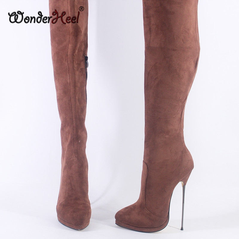 Wonderheel New 16cm Ultra Thin Metal heel Platform Extreme high heel Suede Leather sexy Wonder Girls Nightclub Thigh High Boots