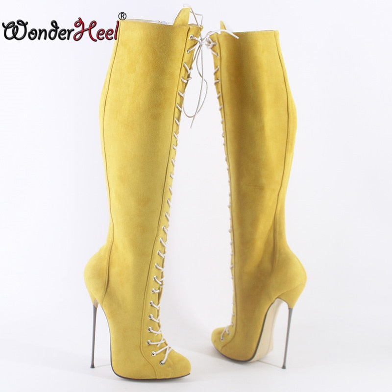 Wonderheel New 16cm Ultra Thin heel Extreme high heel Suede Leather sexy Wonder Girls Nightclub Lace Up Knee High Boots Big Size