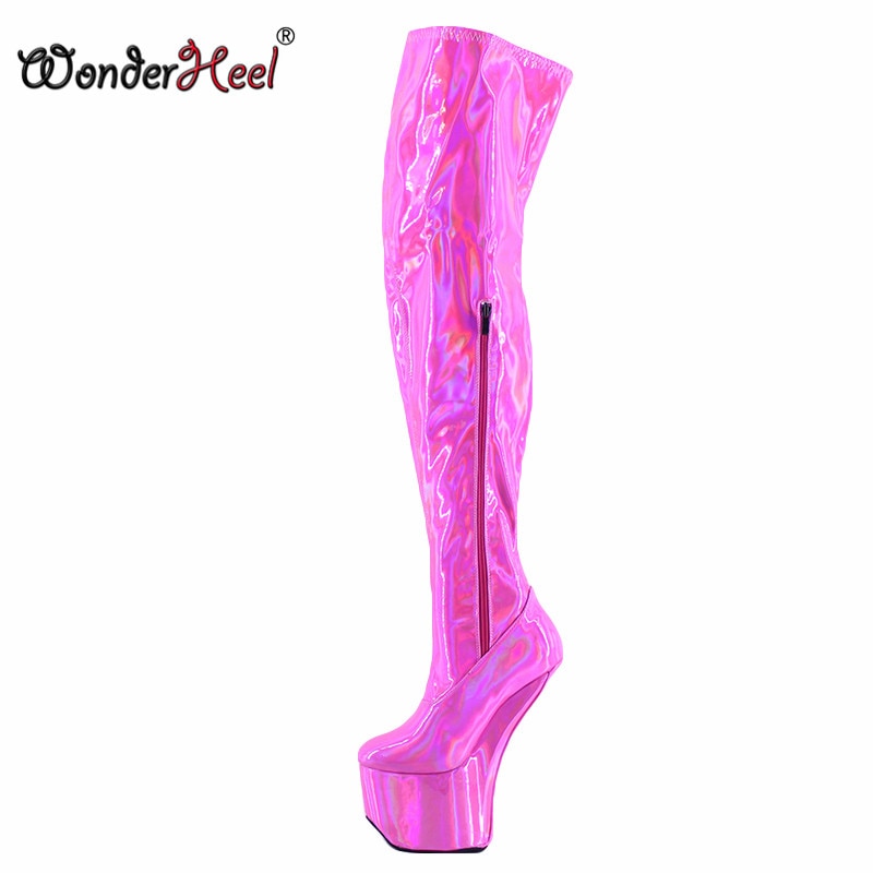 Wonderheel New 22cm Hoof Heels Sexy Laser Crystal Leather Side Lacing Cosplay Platform Over Knee Boots Heelless Thigh High Boots