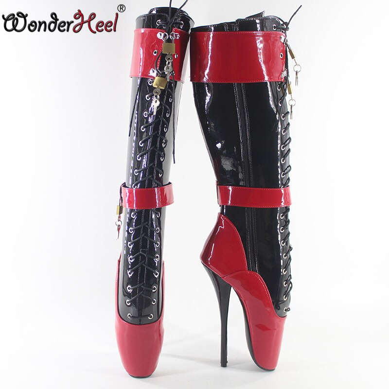 Wonderheel ultra high heel 18cm stilleto heel black and red patent women knee high padlocks ballet boots fetish fashion shoes