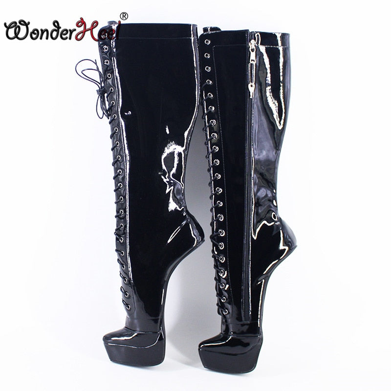 Wonderheel 2021 New 8" Hoof Heels Black Shiny Sexy Fetish Platform Knee High Cosplay Boots Locked Zipper Horseshoes Shoes