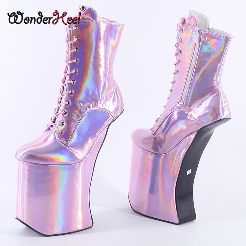 Wonderheel High Heel 25cm Heelless Laser Crystal Leather Sexy Fetish Appr. 14cm Platform Ankle Boots Nightclub Women Shoes