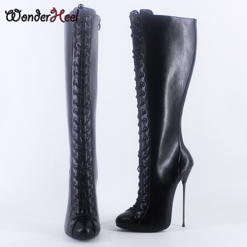 Wonderheel 2021 New 16cm Ultra Thin heel Extreme high heel Matte Leather sexy Wonder Girls Nightclub Lace Up Knee High Boots