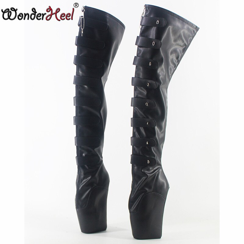 Wonderheel Locked zipper high heel 7" heel Matt leather ballet thigh high boots sexy buckle straps lock padlocks over knee boots