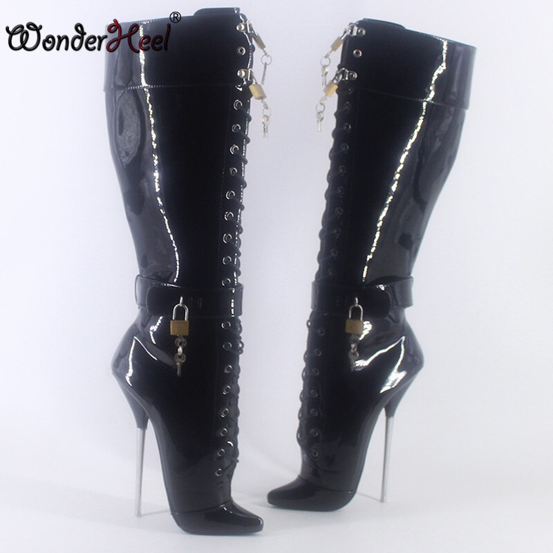 Wonderheel 2020 New high heel 7" stiletto heel patent leather sexy fetish locked padlocks knee high boots women ballet shoes