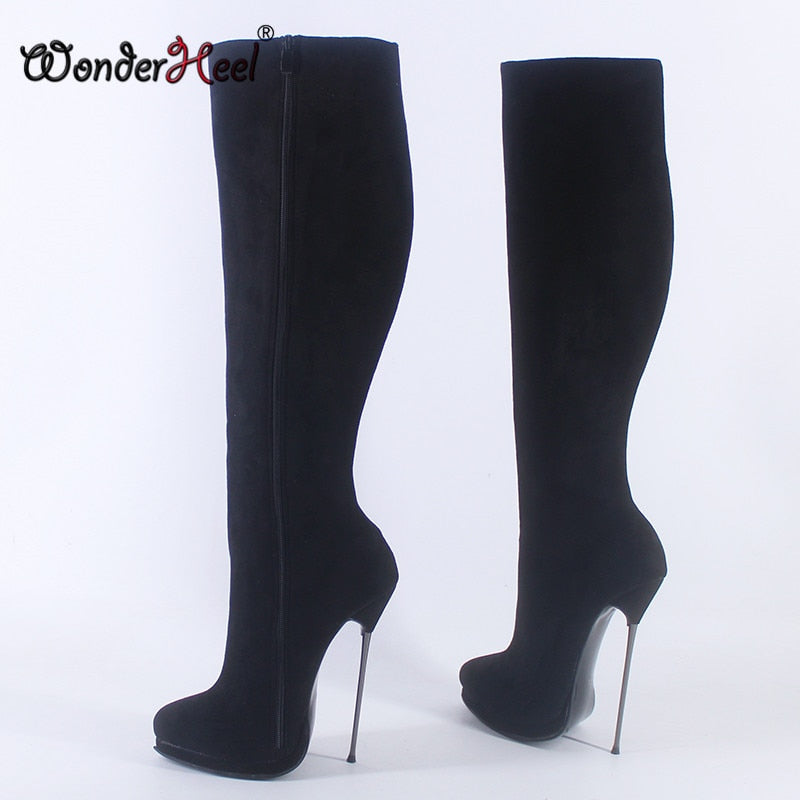 Wonderheel New 16cm Ultra Thin Metal heel Platform Fetish high heel Suede Leather Sexy Wonder Girls Nightclub Knee High Boots