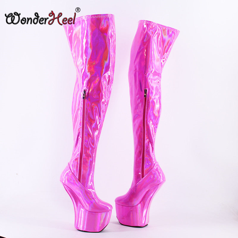 Wonderheel New 22cm Hoof Heels Sexy Laser Crystal Leather Side Lacing Cosplay Platform Over Knee Boots Heelless Thigh High Boots