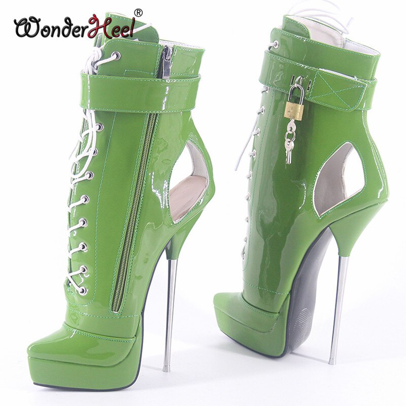 Wonderheel 2020 New 8" Stiletto Heel Patent Leather Sexy Fetish Platform Ankle Ballet Boots PVC Lock Padlocks Women Ballet Shoes