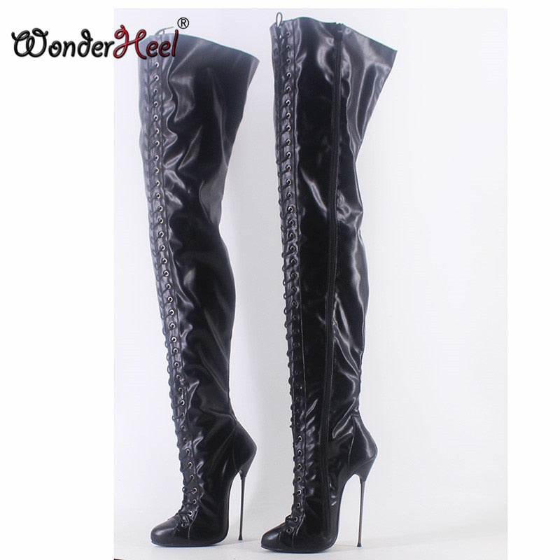 Wonderheel New 16cm Ultra Thin Metal heel Extreme high heel Matte Leather sexy Wonder Girls Nightclub Lace Up Over Knee Boots