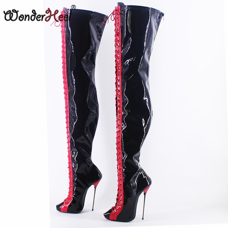 Wonderheel New 16cm Ultra Thin Metal heel Peep Toe Multi-color sexy Over Knee Boots Super Girls Nightclub Lace Up Crotch Boots