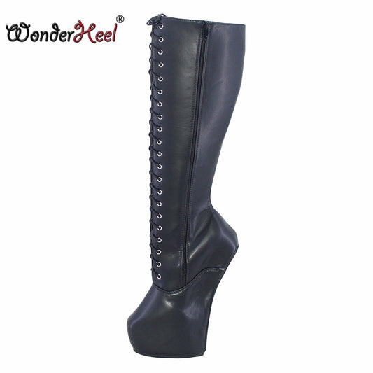 Wonderheel New 8" heelless Sexy Fetish Hoof Heels Matte Leather Fashion Platform Knee High Boots Modern Horse Ponying  Shoes