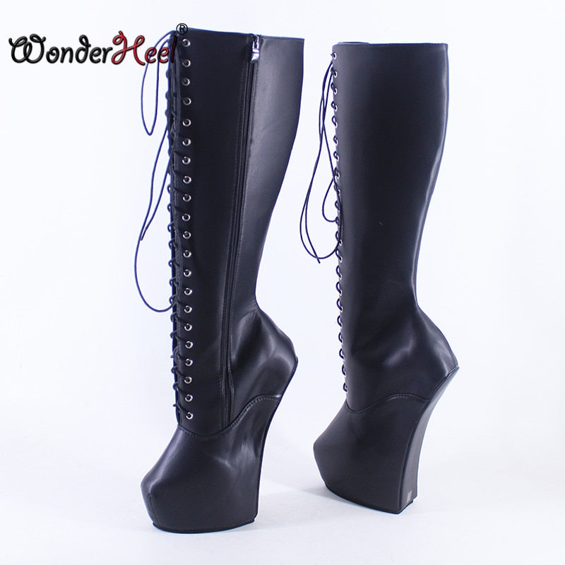 Wonderheel New 8" heelless Sexy Fetish Hoof Heels Matte Leather Fashion Platform Knee High Boots Modern Horse Ponying  Shoes