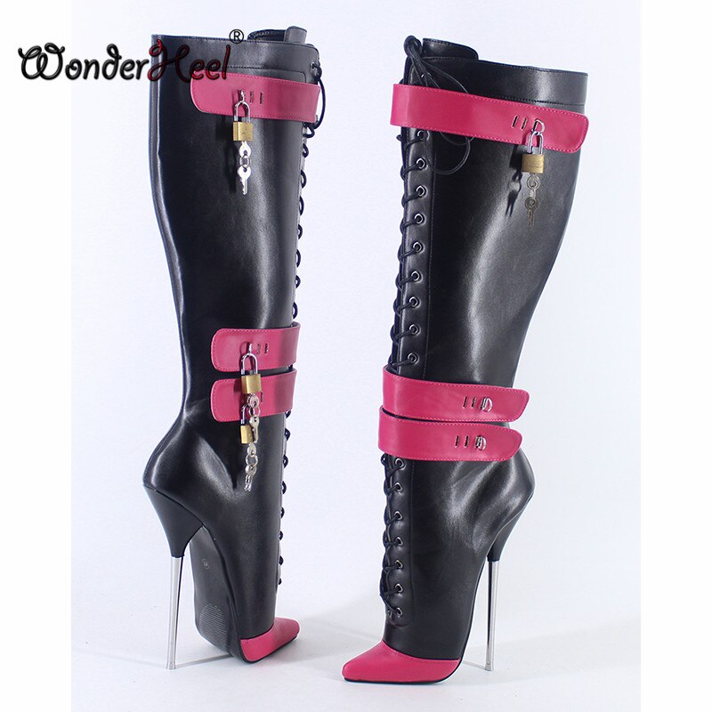 Wonderheel 2020 New 18cm Stiletto Heel Matt Leather Multi Colors Sexy Fetish Locked Padlocks Women Knee High Ballet Shoes