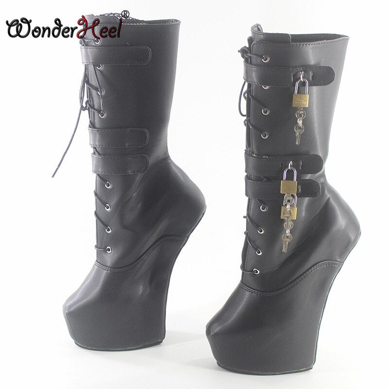 Wonderheel new 8" heel matte leather Fetish Heelless strange style ponying heel  three padlocks  Platform mid-calf boots