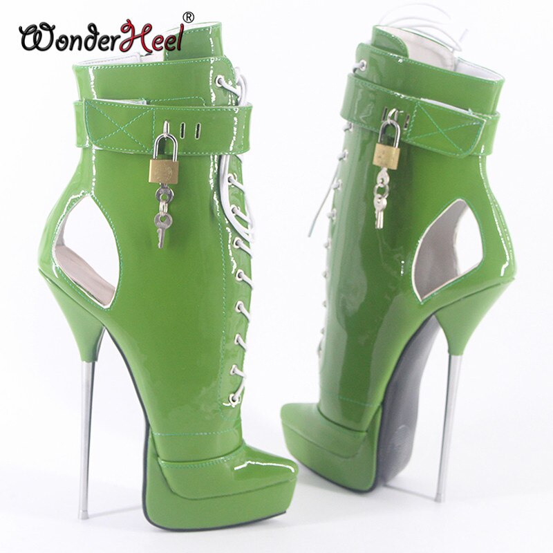 Wonderheel 2020 New 8" Stiletto Heel Patent Leather Sexy Fetish Platform Ankle Ballet Boots PVC Lock Padlocks Women Ballet Shoes