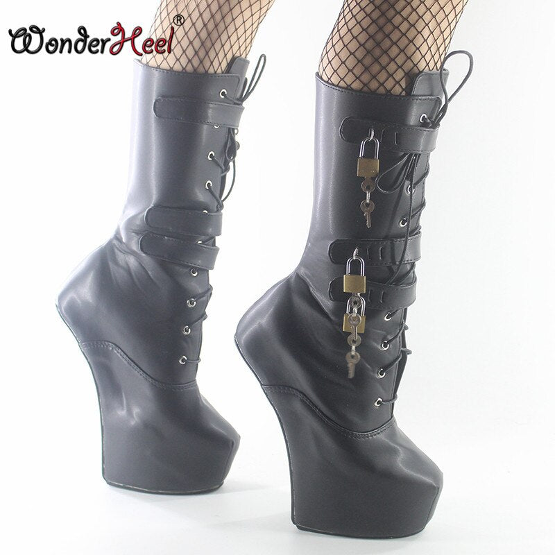 Wonderheel new 8" heel matte leather Fetish Heelless strange style ponying heel  three padlocks  Platform mid-calf boots