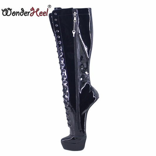 Wonderheel 2021 New 8" Hoof Heels Black Shiny Sexy Fetish Platform Knee High Cosplay Boots Locked Zipper Horseshoes Shoes